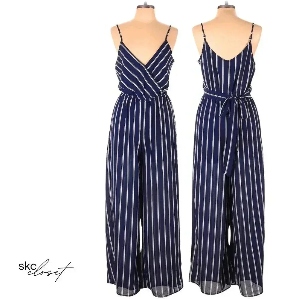 LOVE BY CHESLEY Women's Blue/White Striped Jumpsuit with Waist Tie, M